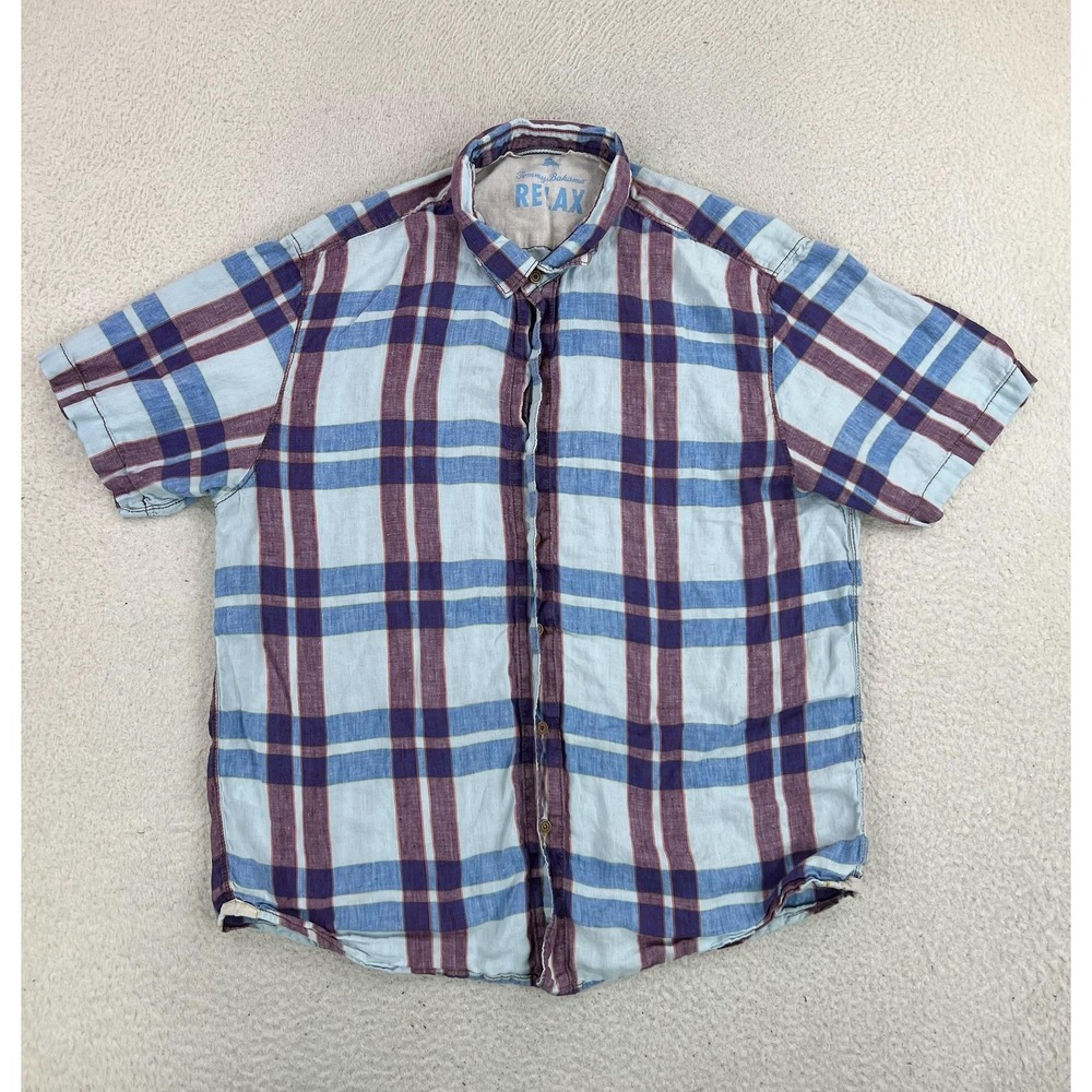 Tommy Bahama Relax Men XL Blue Plaid 100% Linen Short Sleeve Button Up Shirt